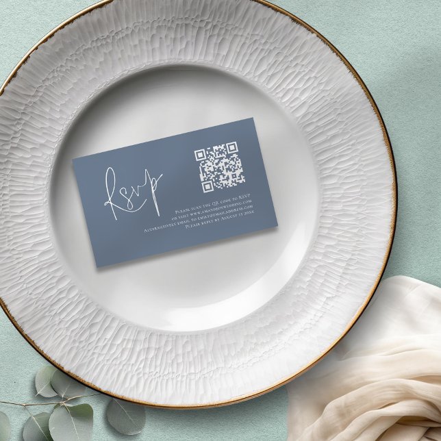 Carte D'accompagnement Dusty Bleu Blanc Script QR Code Mariage RSVP (Mini size enclosure)