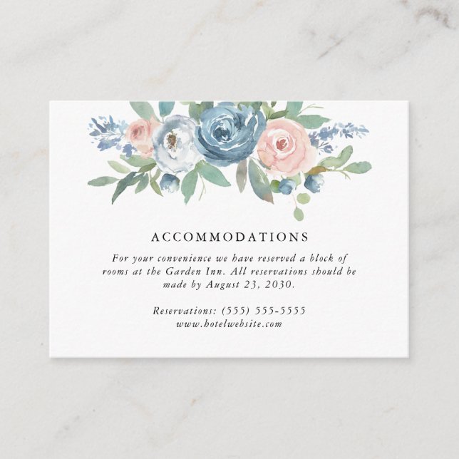 Carte D'accompagnement Dusty Blue & Blush Rose Mariage hébergement (Devant)