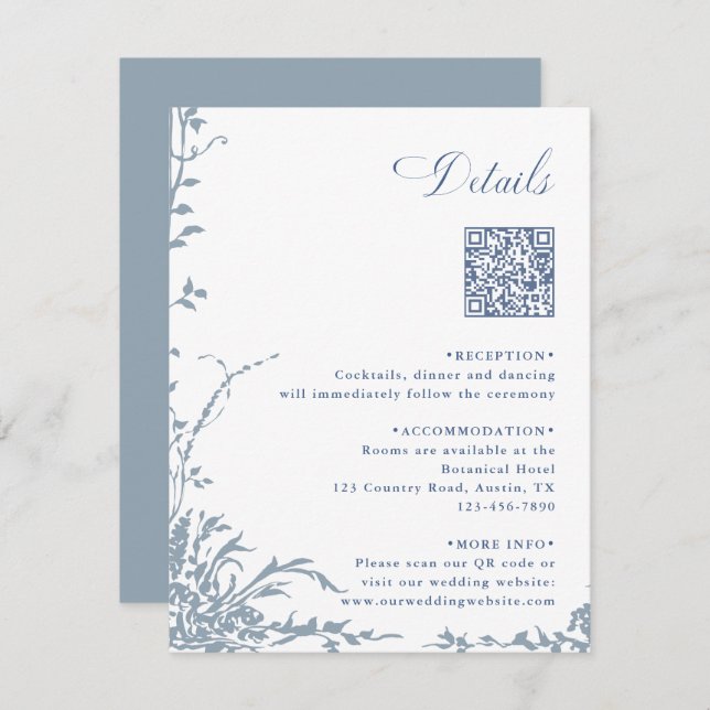 Carte D'accompagnement Dusty Blue Botanical Wedding QR Code Details (Devant / Derrière)