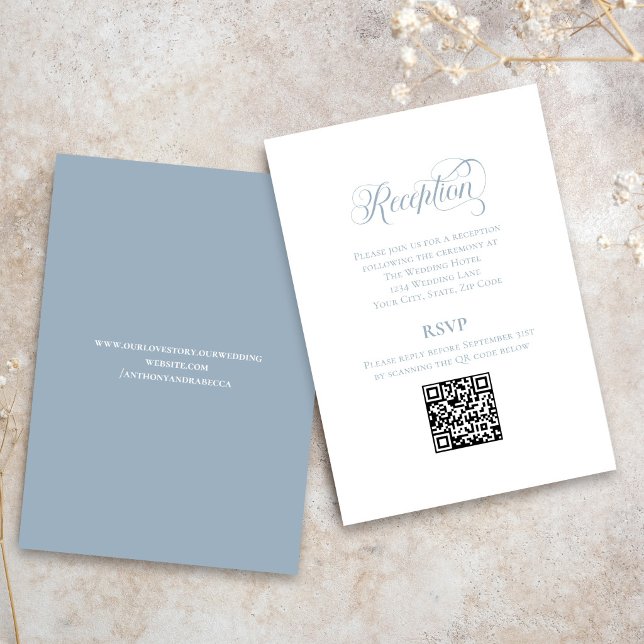 Carte D'accompagnement Dusty Blue Calligraphy Wedding QR Code RSVP (Elegant dusty blue QR code RSVP card with modern calligraphy wedding design)