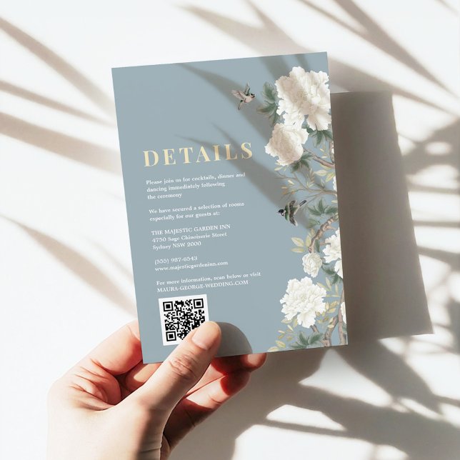 Carte D'accompagnement Dusty Blue Chinoiserie Fleurs Détails du Mariage (Créateur téléchargé)