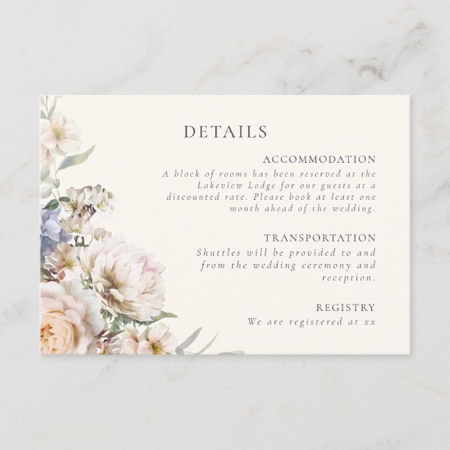 Carte D'accompagnement Dusty Blue Cream Floral Détails du Mariage (Devant)