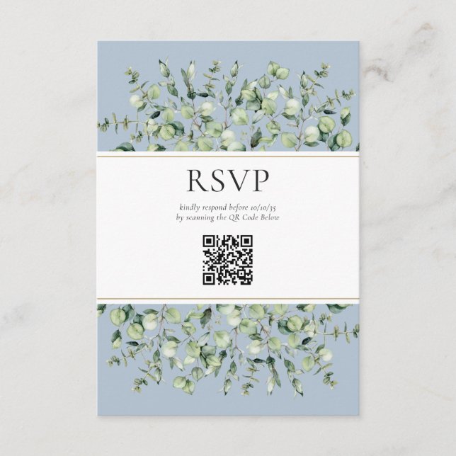 Carte D'accompagnement Dusty Blue Eucalyptus QR Code Mariage RSVP (Devant)