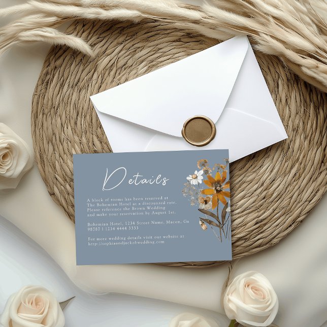 Carte D'accompagnement Dusty Blue Fleur sauvage Boho Détails du Mariage (Créateur téléchargé)