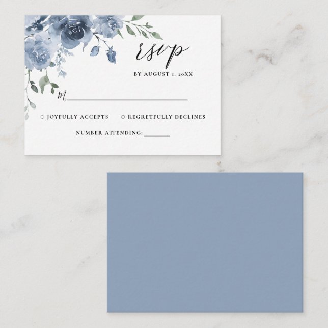 Carte D'accompagnement Dusty Blue Floral Ardoise Bleu Pastel Mariage RSVP (Devant / Derrière)
