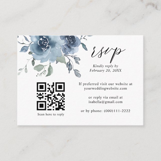 Carte D'accompagnement Dusty Blue Floral Ardoise QR Code Mariage RSVP Enc (Devant)