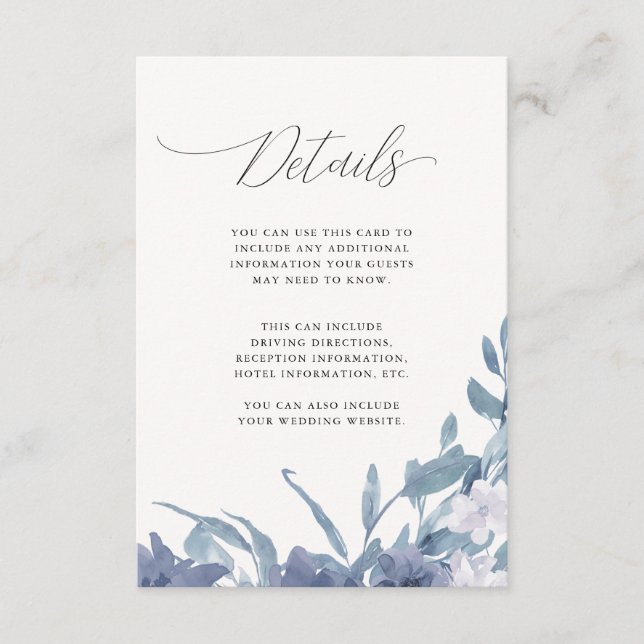 Carte D'accompagnement Dusty Blue Floral Calligraphy Détails du Mariage (Devant)