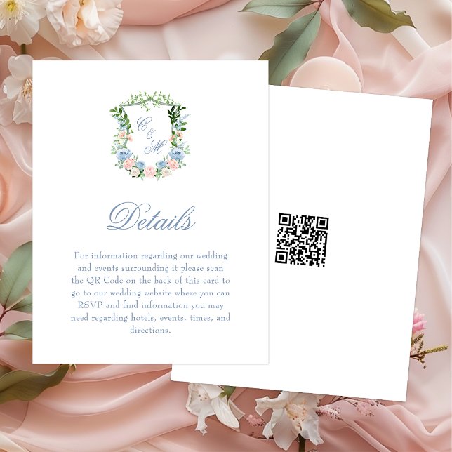 Carte D'accompagnement Dusty Blue Floral Crest Détails du Mariage (Créateur téléchargé)