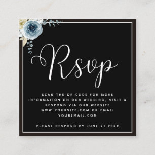 Carte D'accompagnement Dusty Blue Floral Noir Blanc Mariage RSVP QR Code