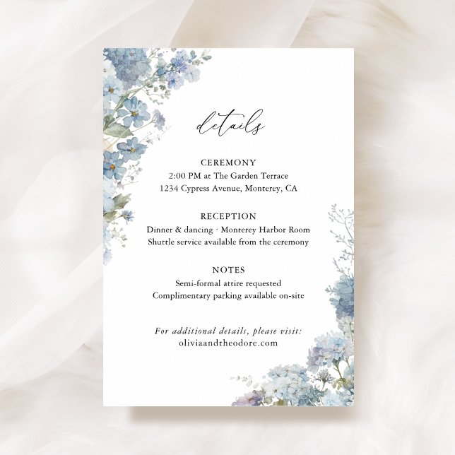 Carte D'accompagnement Dusty Blue Floral Wedding Details, Info (Dusty blue floral wedding details card, watercolor hydrangea ceremony reception info enclosure)