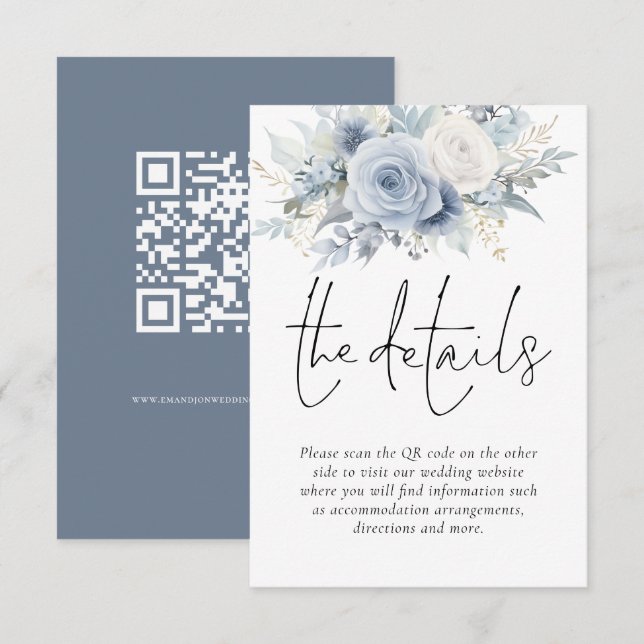 Carte D'accompagnement Dusty Blue Florals QR Code Détails du Mariage (Devant / Derrière)