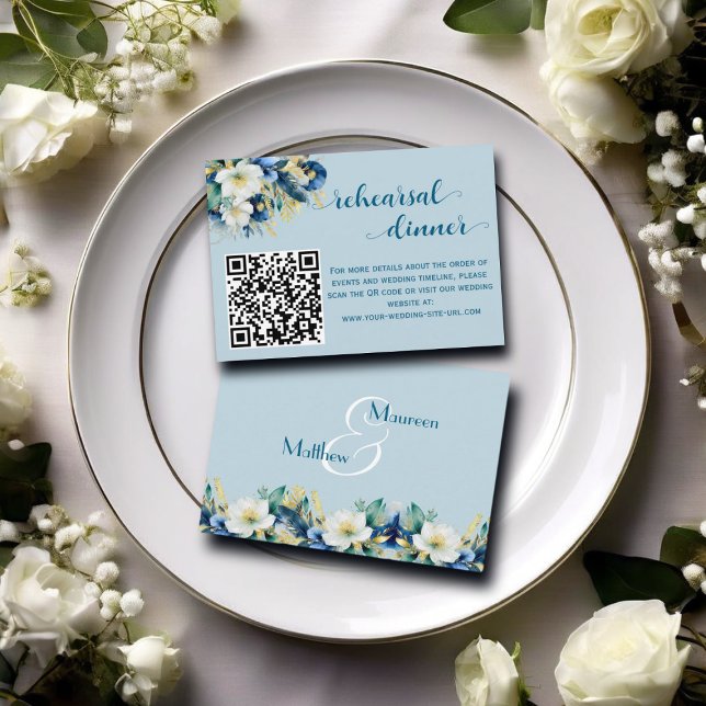 Carte D'accompagnement Dusty Blue Gold Parties scintillant QR Code Dîner  (Créateur téléchargé)