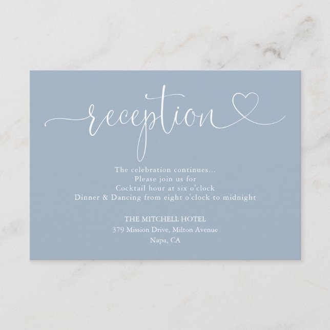Carte D'accompagnement Dusty Blue Heart Script Mariage Réception (Devant)