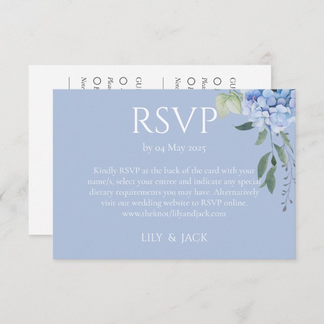 Carte D'accompagnement Dusty Blue Hydrangea 2 Mariage invité RSVP (Devant / Derrière)