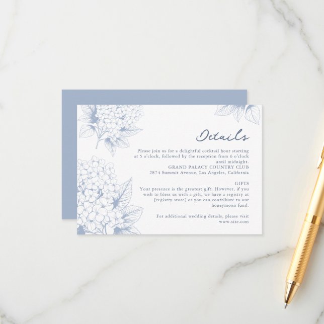Carte D'accompagnement Dusty Blue Hydrangea Détails du Mariage (Devant/Arrière en situation)