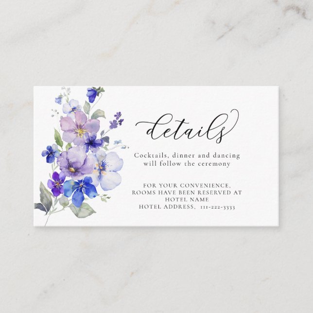Carte D'accompagnement Dusty Blue Lilac Purple Flowers Détails du Mariage (Devant)