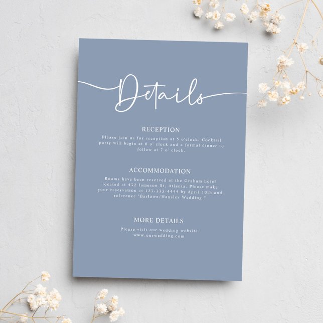 Carte D'accompagnement Dusty Blue Minimal Calligraphy Détails du Mariage (Dusty Blue Minimal Calligraphy Wedding Details Enclosure Card)