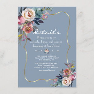 Carte D'accompagnement Dusty Blue Misty Rose Flowers Gold Détails du Mari