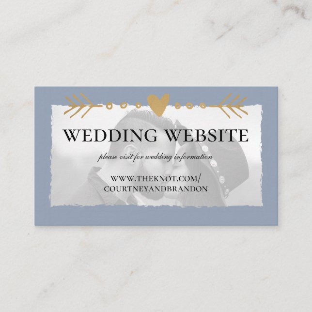 Carte D'accompagnement Dusty Blue Modern Photo Gold Heart Mariage Website (Devant)