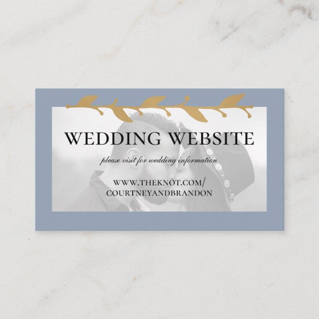 Carte D'accompagnement Dusty Blue Modern Photo Gold Leaf Mariage Website (Devant)