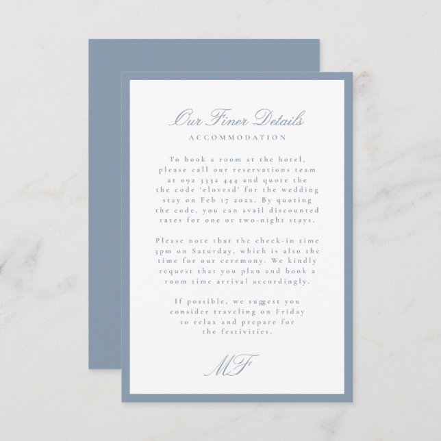 Carte D'accompagnement Dusty Blue Monogram Classic Mariage Détails Info (Devant / Derrière)