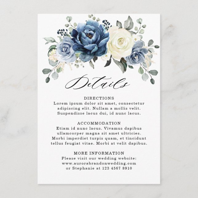 Carte D'accompagnement Dusty Blue Navy Champagne Ivory Détails du Mariage (Devant)