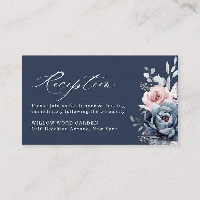 Carte D'accompagnement Dusty Blue Navy Champagne Ivory Floral Réception E (Devant)