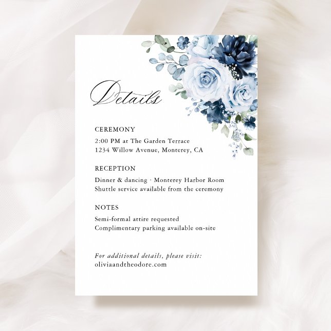 Carte D'accompagnement Dusty Blue Navy Floral Wedding Details, Ceremony (Dusty blue navy watercolor floral wedding details enclosure card, ceremony reception insert flatlay)
