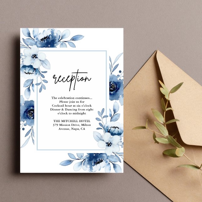 Carte D'accompagnement Dusty Blue Navy Ivory Floral Mariage Réception (Créateur téléchargé)