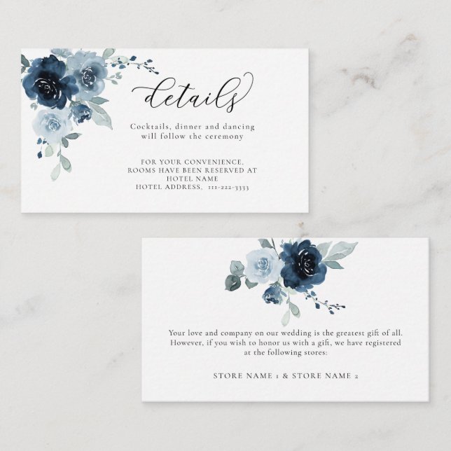 Carte D'accompagnement Dusty Blue Navy Pastel Floral Détails du Mariage (Devant / Derrière)