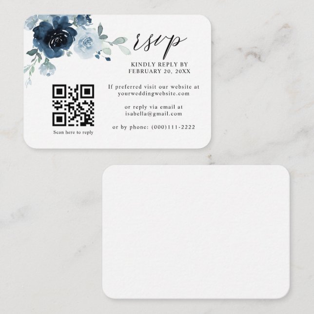 Carte D'accompagnement Dusty Blue Navy Pastel Floral QR Code Mariage RSVP (Devant / Derrière)