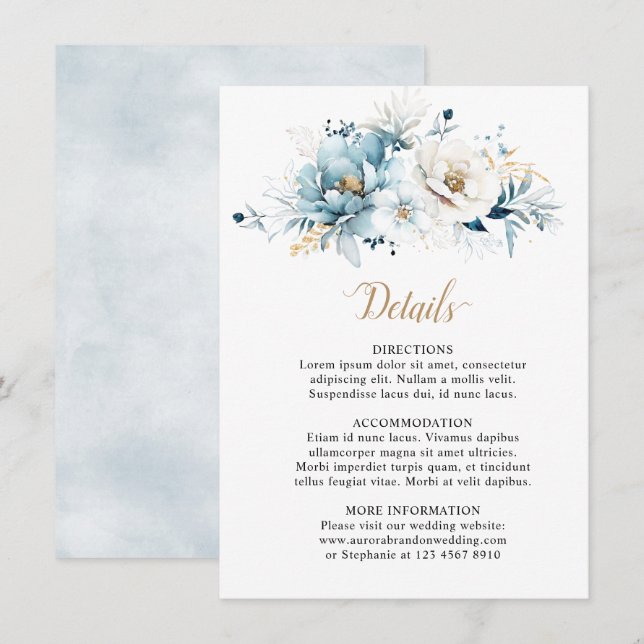 Carte D'accompagnement Dusty Blue Navy White Ivory Gold Floral Mariage (Devant / Derrière)