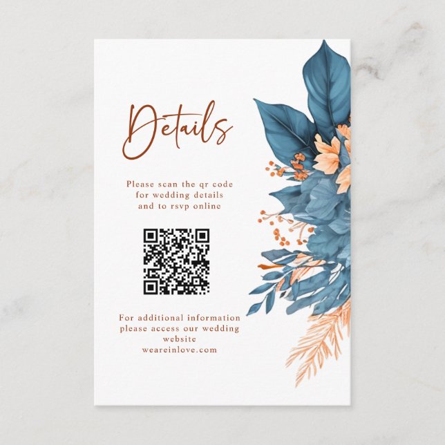 Carte D'accompagnement Dusty Blue Orange Floral Détails de mariage élégan (Devant)