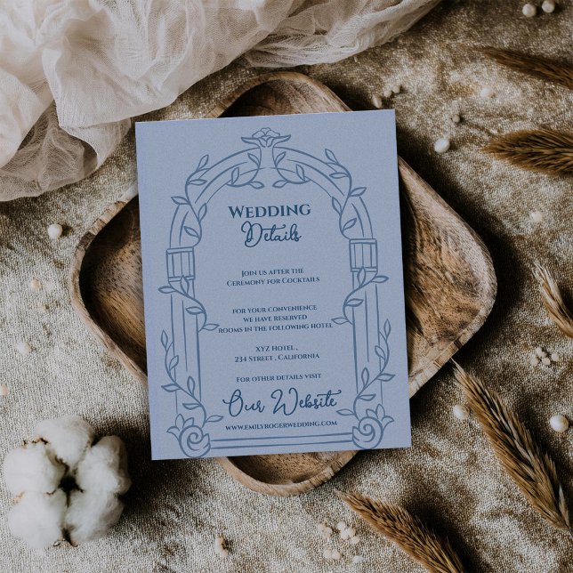 Carte D'accompagnement Dusty Blue Ornate Arch Botanical Wedding Details (Dusty Blue Ornate Arch Botanical Wedding Details Card | Elegant Wedding Information Enclosure)