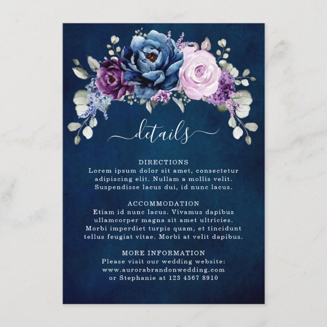 Carte D'accompagnement Dusty Blue Purple Navy Lilac Blooms Mariage Détail (Devant)