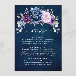 Carte D'accompagnement Dusty Blue Purple Navy Lilac Blooms Mariage Détail