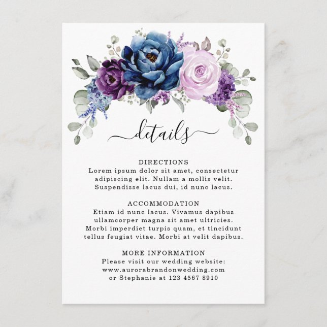 Carte D'accompagnement Dusty Blue Purple Navy Lilac Blooms Mariage Détail (Devant)