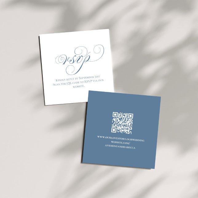 Carte D'accompagnement Dusty Blue QR Wedding RSVP Enclosure Card (Dusty blue QR code wedding RSVP card back with website link on neutral fabric)