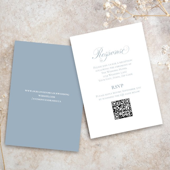 Carte D'accompagnement Dusty Blue Script Wedding RSVP QR Code Enclosure (Dusty blue QR code RSVP card with elegant calligraphy wedding design)