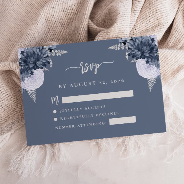 Carte D'accompagnement Dusty Blue Silver Floral Script Wedding RSVP (Créateur téléchargé)