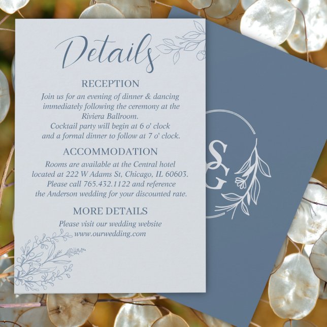 Carte D'accompagnement Dusty Blue Simple Boho Floral Détails du Mariage (Créateur téléchargé)