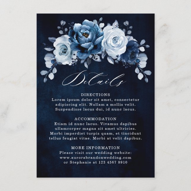 Carte D'accompagnement Dusty Blue Slate Navy Floral Détails de Mariage En (Devant)