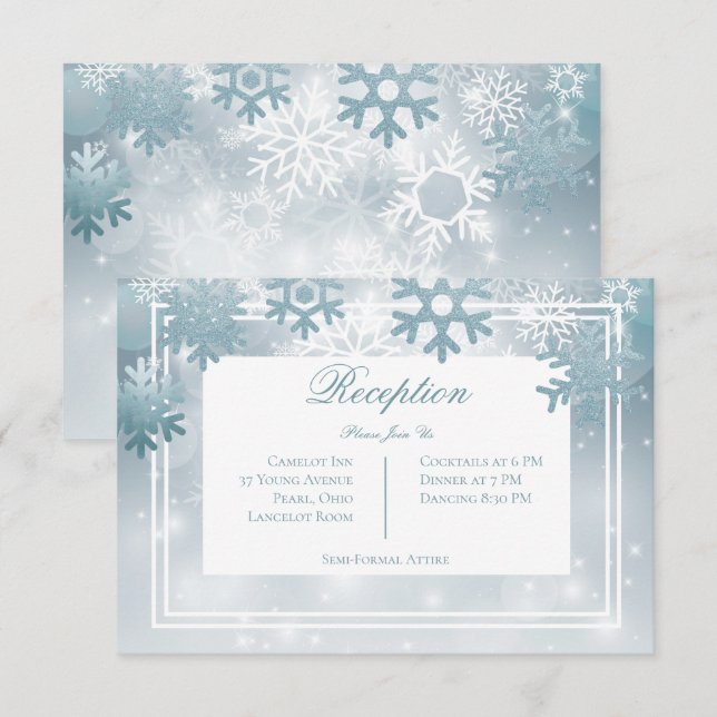Carte D'accompagnement Dusty Blue Snowflake Réception moderne (Devant / Derrière)