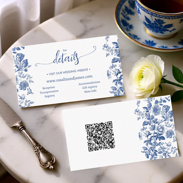 Carte D'accompagnement Dusty Blue Toile Floral Wedding Website QR Details (Dusty Blue Toile Floral Wedding Website QR Details Enclosure Card)