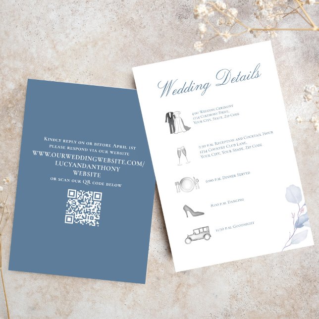 Carte D'accompagnement Dusty Blue Wedding Details QR Code Insert (Dusty blue QR code wedding RSVP card for easy online guest responses)