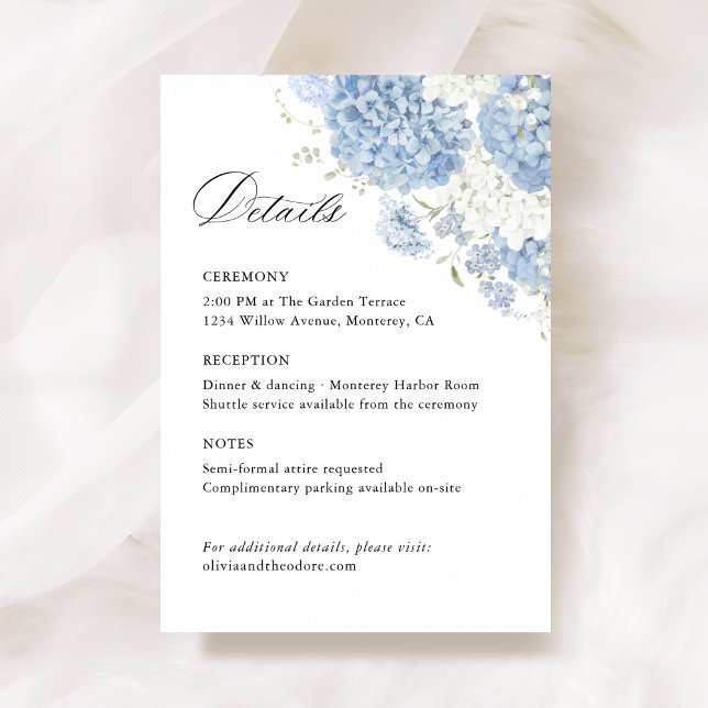 Carte D'accompagnement Dusty Blue White Floral Wedding Details, Info (Dusty blue white floral wedding details card, ceremony info enclosure with watercolor hydrangea)