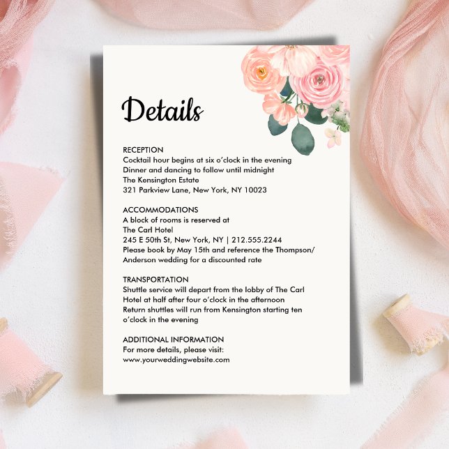 Carte D'accompagnement Dusty Blush Pink Floral Wedding Details Card (Dusty Blush Pink Floral Wedding Details Card)