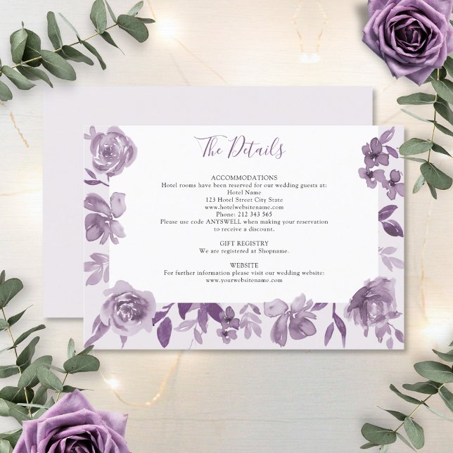 Carte D'accompagnement Dusty Mauve Aquarelle Florale Détails du Mariage (Créateur téléchargé)