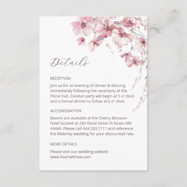 Carte D'accompagnement Dusty Pink Boho Wildflowers Details Enclosure Card (Devant)