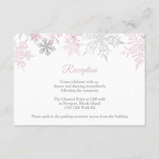 Carte D'accompagnement Dusty Pink & Silver Snowflakes Réception de mariag (Devant)